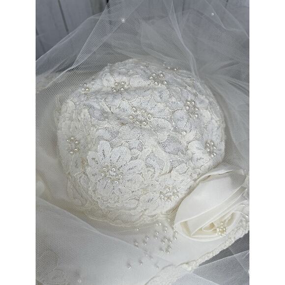 Vintage French White Ivory Lace Tulle Bridal Hat Pearls Rhinestones Veil 80s 90 main image 5